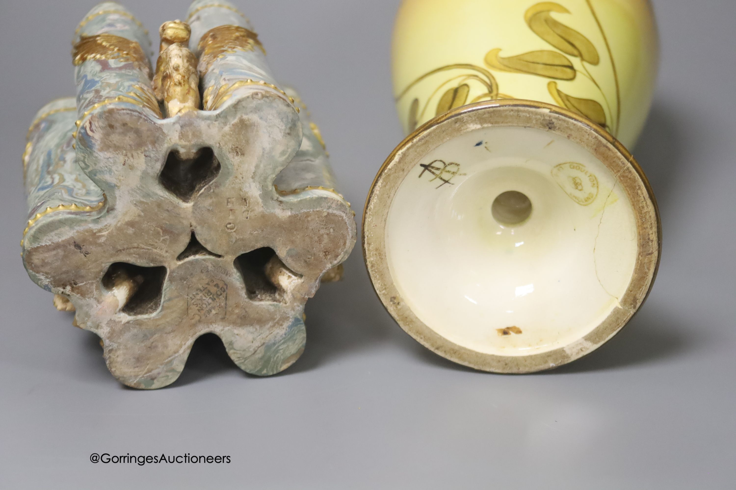 A Doulton & Rix Patent spill vase, 15cm, a Doulton Faience vase, and a Doulton Kate Greenaway almanack plate, boxed